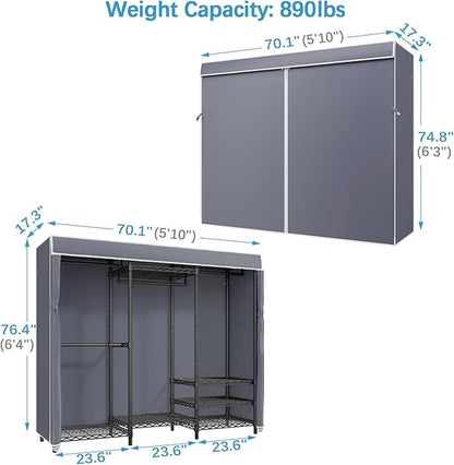 VIPEK V5C Portable Clothes Closet Wardrobe Bedroom Armoires Heavy Duty Covered Clothes Rack, Black Metal Clothing Rack with Grey Oxford Fabric Cover, Adjustable Custom Closet Rack 70.1"Lx17.3"Wx76.4"H