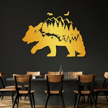 Metal Bear Wall Decor, Mountain And Forest Metal Wall Art, Nature Landscape Decor, Bear Wall Art, Metal Mountain Range, Scandinavian Decor, Large Metal Art Wall Decor, Housewarming Gift (23"x35"|58x90cm, Black)
