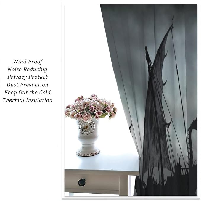 Viking Ship Blackout Curtains,Gloomy Misty Lake Landscape Fantasy Black White Color Sailing Dragon Boat Window Drapes for Boys Girls Bedroom Living Room,Norse Decor 84x84in