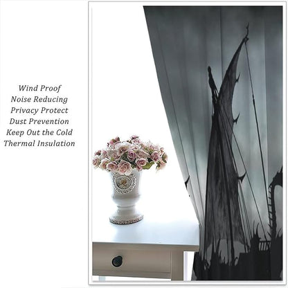 Viking Ship Blackout Curtains,Gloomy Misty Lake Landscape Fantasy Black White Color Sailing Dragon Boat Window Drapes for Boys Girls Bedroom Living Room,Norse Decor 84x84in