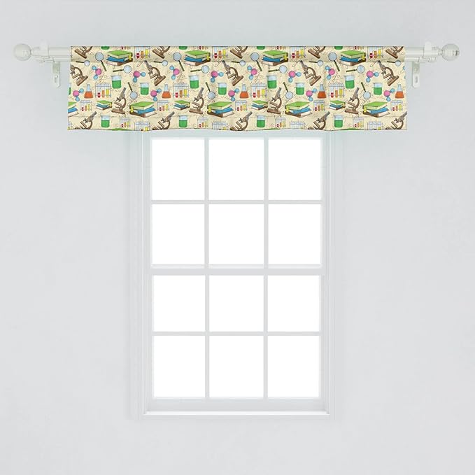 Lunarable Science Print Window Valance Pack of 2, Colorful Sketch Style Ornaments with Books Microscope Drawings on Creamy Back, Rod Pocket Curtain Valances for Kitchen Bedroom, 54" X 12", Beige Green
