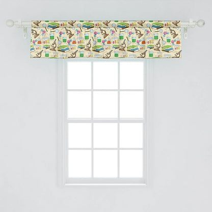 Lunarable Science Print Window Valance Pack of 2, Colorful Sketch Style Ornaments with Books Microscope Drawings on Creamy Back, Rod Pocket Curtain Valances for Kitchen Bedroom, 54" X 12", Beige Green