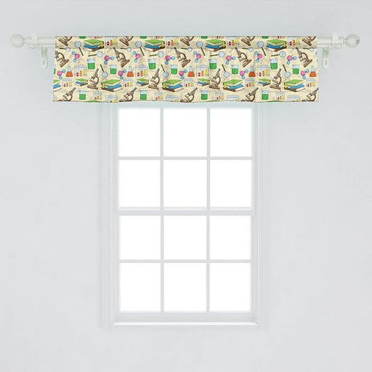 Lunarable Science Print Window Valance Pack of 2, Colorful Sketch Style Ornaments with Books Microscope Drawings on Creamy Back, Rod Pocket Curtain Valances for Kitchen Bedroom, 54" X 12", Beige Green