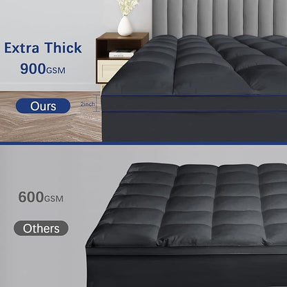 CYMULA Short Queen Mattress Pad, Cooling Bed Topper, Thick Pillow Top, Grey Plush Down Alternative Fill