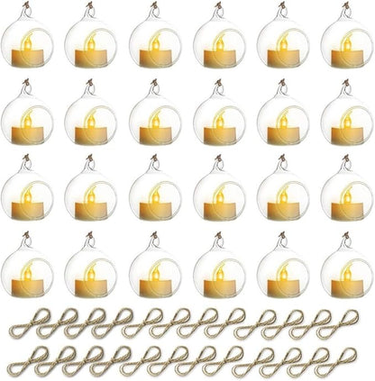Sziqiqi Hanging Glass Globes Orbs Tea Light Candle Holders with Flameless LED Tealight for Wedding Ornaments, Wedding Birthday Christmas Party Centerpiece Accessory 2.36inch 20pcs +4 Extra