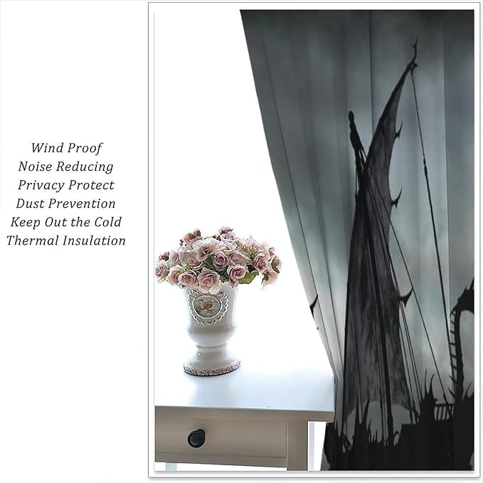 Viking Ship Blackout Curtains,Gloomy Misty Lake Landscape Fantasy Black White Color Sailing Dragon Boat Window Drapes for Boys Girls Bedroom Living Room,Norse Decor 72x63in