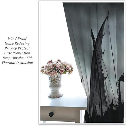 Viking Ship Blackout Curtains,Gloomy Misty Lake Landscape Fantasy Black White Color Sailing Dragon Boat Window Drapes for Boys Girls Bedroom Living Room,Norse Decor 72x63in