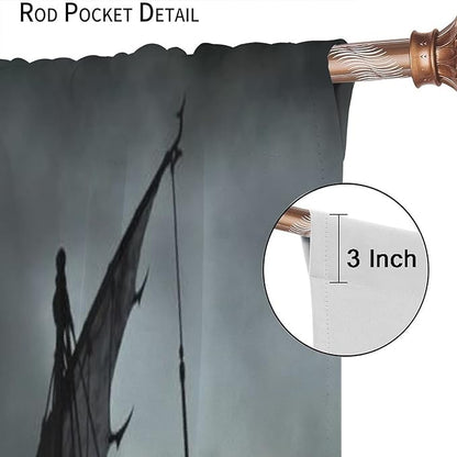 Viking Ship Blackout Curtains,Gloomy Misty Lake Landscape Fantasy Black White Color Sailing Dragon Boat Window Drapes for Boys Girls Bedroom Living Room,Norse Decor 55x63in