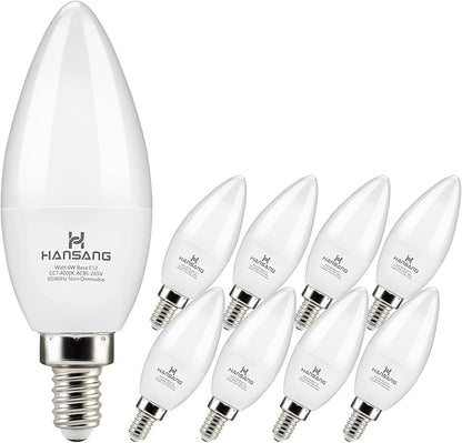 hansang 8 Pack E12 Candelabra LED Light Bulbs 4000K Natural Daylight, Small Base Type B Light Bulb for Chandelier, 6W 60Watt Equivalent, B11 Ceiling Fan Light Bulbs, 600LM, Non-dimmable