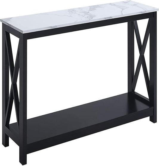 Convenience Concepts Oxford Console Table 39.5" - Sofa Table with Storage Shelf, Transitional Entryway Hall Table for Living Room and Bedroom, Display Foyer Table, White Faux Marble/Black