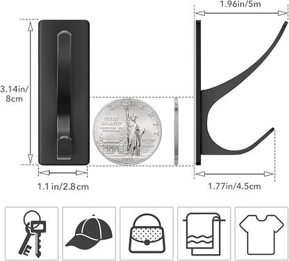 pickpiff Self Adhesive Coat Hooks for Hanging: Heavy Duty Stainless Wall Hook for Towel, Backpack, Hat, Sturdy Metal Hanger for Bathroom, Bedroom, Door, 4-Pack, Matt Black