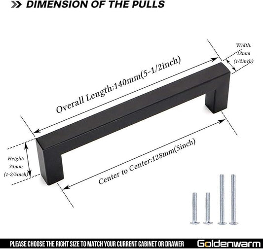 goldenwarm 200 Pack 5 Inch Black Cabinet Handles Matte Black Drawer Pulls Stainless Steel Cabinets Hardware Square Bar Modern for Kitchen Bathroom Cupboard