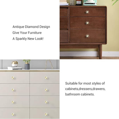 2-Pack 1-1/4-Inch Gold knob Dresser knobs White Cabinet Glass Crystal knobs Brass Drawer Polygonal Dresser Pulls, Drawer pulls