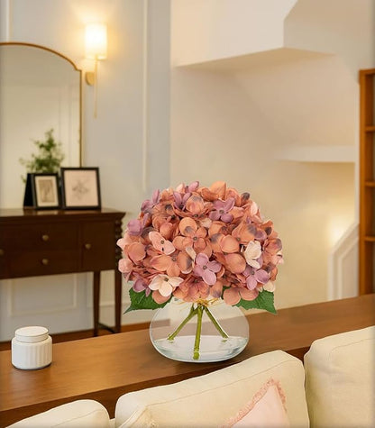 Hollyone Fall Hydrangea Artificial Flowers for Decoration with Glass Vase Dark Peach Autumn Silk Fake Flower Arrangements with Faux Water Table Centerpiece Vase with Flowers Fall Decorations for Home