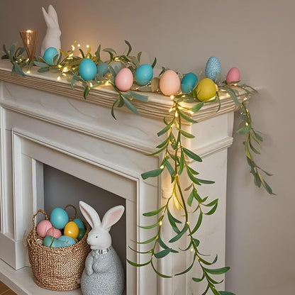 Hairui Lighted Artificial Olive Garland 6FT 96 LED Fairy Lights Battery Operated, Faux Vine Lights with Timer for Spring Christmas Holiday Fireplace Décor