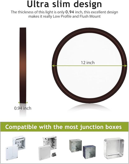 hepside 2PACK Flush Mount LED Ceiling Light Fixture Oil Rubbed Bronze, 12Inch 28W, Dimmable 3000K-4500K-6000K 3 Color Ceiling Lamp 3200LM Low Profile Ceiling Light for Kitchen Bedroom Hallway