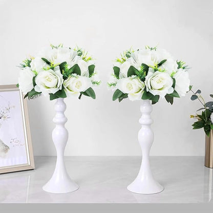 10Pcs Artificial Flower Ball Arrangement, 9.5" 15 Heads Wedding Roses Bouquet with Base Suitable for Parties Valentine's Day Wedding Centerpieces Flower Rack and Home Decor (White)