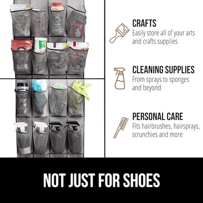 GORILLA GRIP Over the Door Shoe Organizer, 12 Large Breathable Mesh Pockets, Space Saving Hanging Storage Holder, 2 Hook Closet Rack Hanger, Hangs on Closets for Shoes, Accessories, 64H x 9.5W Gray
