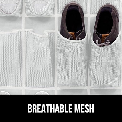 GORILLA GRIP Over the Door Shoe Organizer, 24 Large Breathable Mesh Pockets, Space Saving Hanging Storage Holder, Closet Rack Hanger Holds Up to 40 lbs, Hangs on Closets for Shoes, Accessories, White
