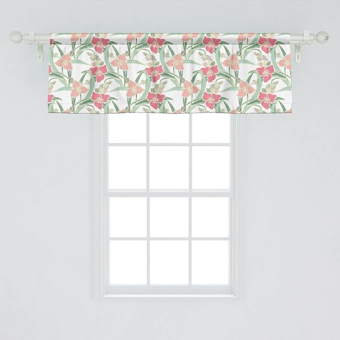 Lunarable Botanical Window Valance Pack of 2, Shabby Soft Tone Lily Blooms and Leaves Flower Pastel Beauty of Nature, Rod Pocket Curtain Valances for Kitchen Bedroom, 54" X 18", Green Pink