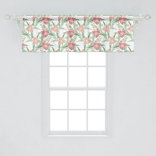 Lunarable Botanical Window Valance Pack of 2, Shabby Soft Tone Lily Blooms and Leaves Flower Pastel Beauty of Nature, Rod Pocket Curtain Valances for Kitchen Bedroom, 54" X 18", Green Pink