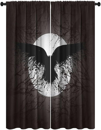 Cool Raven Print Curtains for Bedroom - Vintage Nordic Viking Theme Dead Tree Crow Full Moon Window Treatment,Energy Saving Thermal Insulated Rod Pocket Bedroom Blackout Curtains 2 Panels 84L x 26W