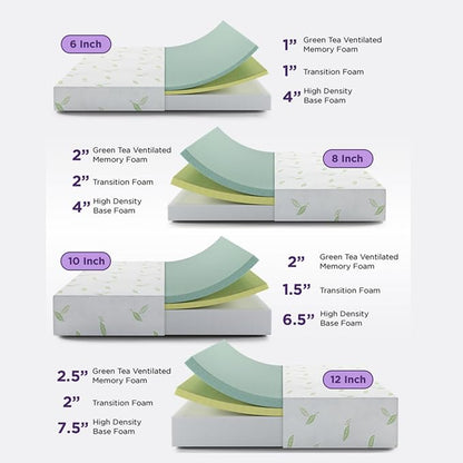 NapQueen Queen Size, 6 Inch Anula Green Tea Infused Memory Foam Mattress, Bed in a Box, CertiPUR-US Certified Mattress