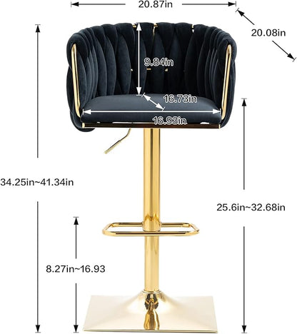 NIOIIKIT Bar Stool Set of 2, Velvet Upholstered Swivel Barstool, Counter Height Chair with Hand Woven Backrest, Dining Barstool with Footrest, Bar Chair for Kitchen Island, Pub (Black)