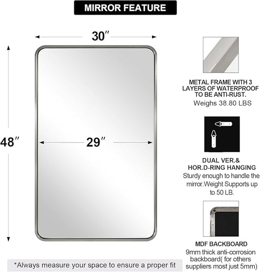 ANDY STAR 30x48 Inch Brushed Nickel Bathroom Mirror, Rounded Corner Brushed Silver Mirror, SUS304-Anti-Rust Metal Tube Frame Wall Mounted Horizontal/Vertical 1’’ Deep