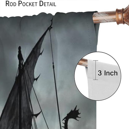 Viking Ship Blackout Curtains,Gloomy Misty Lake Landscape Fantasy Black White Color Sailing Dragon Boat Window Drapes for Boys Girls Bedroom Living Room,Norse Decor 63x72in