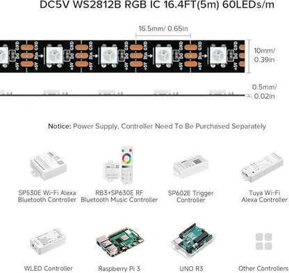 BTF-LIGHTING WS2812B IC RGB 5050SMD Pure Gold Individual Addressable LED Strip 16.4FT 300LED 60Pixel/m Flexible Full Color IP30 DC5V for DIY Chasing Color Project(No Adapter or Controller)