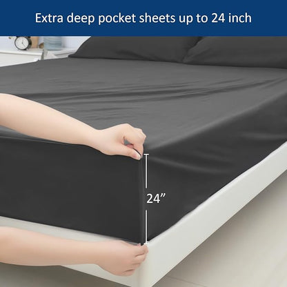 Deep Pocket Twin Sheets Set for Kids Air Mattress - Extra Deep Pocket Twin Sheet Sets - 3Pcs Side Storage Pocket Fitted Sheet & Pillowcases Easily Fits 16in to 24in Pillow Top Bed Mattress (Black)
