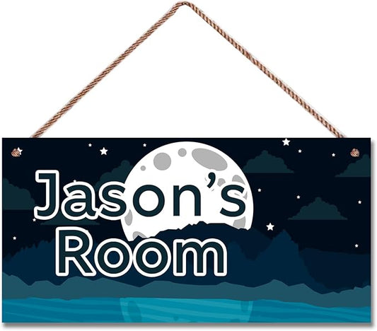 Personalized Starry Sky Sign Funny Moon Themed For Kids Room Boys Bedroom Door Decor,Custom Name Wall Art Decor Decorative Plate for Nursery Little Man Cave