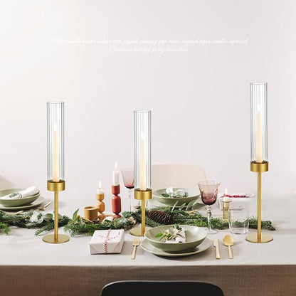 Glass Hurricane Candle Holders Set (6pcs)-Gold Metal Base Taper Candle Stick Holders for Candlesticks Holder Decor, Elegant Dining Table Centerpiece for Wedding, Christmas & Home Decor-Ribbed Glass