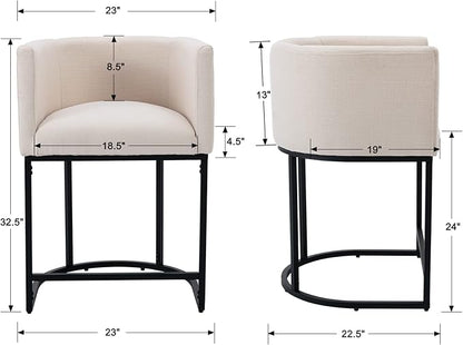 Modern Counter Height Linen Upholstered Bar Stools Set of 4, 24" Kitchen Counter Island Stools Bar Chairs with Black Metal Frame for Kitchen Island, Cream