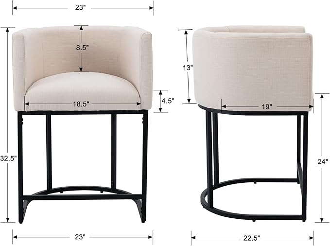 Modern Counter Height Linen Upholstered Bar Stools Set of 3, 24" Kitchen Counter Island Stools Bar Chairs with Black Metal Frame, Cream
