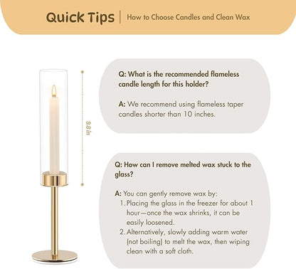 Gold Hurricane Candle Holders Set of 3, Tall Metal & Windproof Glass Taper Candle Holders, Outdoor/Indoor Table Centerpieces for Weddings, Christmas, Parties, Fireplace Decor