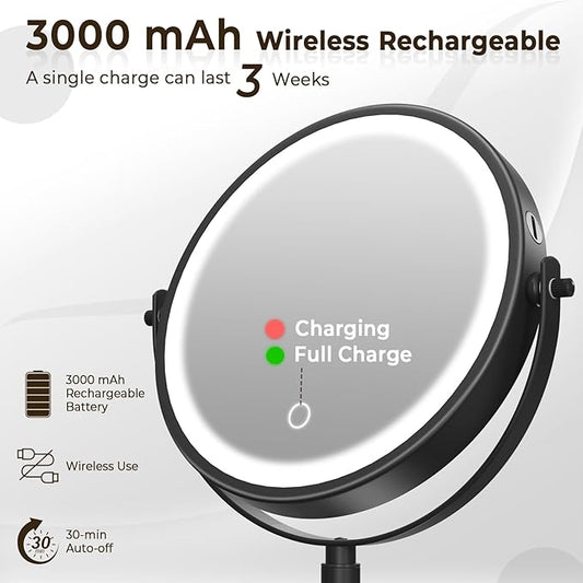 8" Wall Mounted Lighted Makeup Mirror, 3000mAh Rechargeable Double Sided 1X/10X Magnifying Mirror with Hook, 3 Color Lights Touch Dimmable 360° Rotation Vanity Mirror for Bathroom (Black)