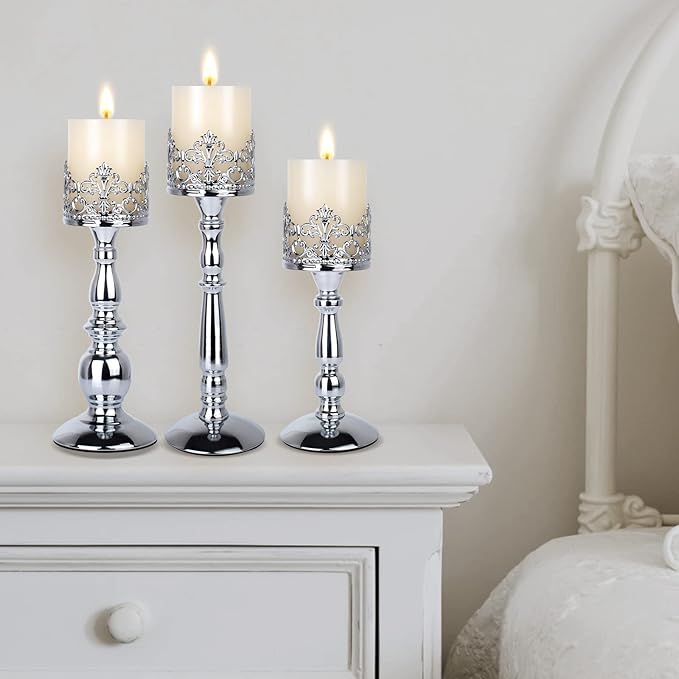 Candle Holders for Pillar Candles Set of 3 Silver Vintage Tall Candle Holders Decorative Large Table Centerpieces Candle Stand Decor