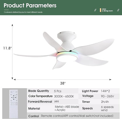 Ceiling Fans with Lights Remote/APP Control, 38" Low Profile Ceiling Fans with Dimmable White Colors+Ring RGB Lights, 6 Speeds 5 Reversible Blades for Kids Room Bedroom Living Room, White