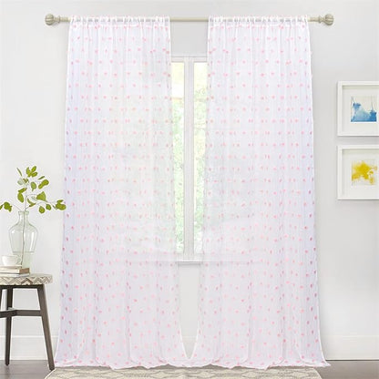 MYSKY HOME 95 Inch Length Pink Pom Pom Sheer Curtains for Bedroom & Living Room - Large Sliding Door Curtains - Light Filtering - Rod Pocket - 52 x 95 in - 2 Panels