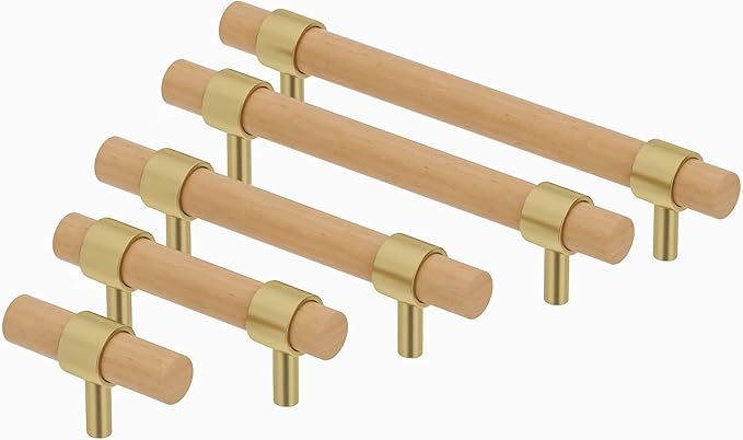 Wooden Drawer Pulls,10-Pack Beech Wood Drawer Handles Knobs,Suitable for Kitchen, Living Room, Bedroom, Bathroom and Other Scenes,Gold