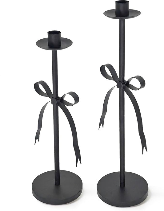 Black Taper Candle Holder Set of 2-Metal Bow Candle Sticks Holder Decor,Modern Tall Candle Holder,Decorative Candlesticks for Fireplace, Wedding, Holiday & Christmas