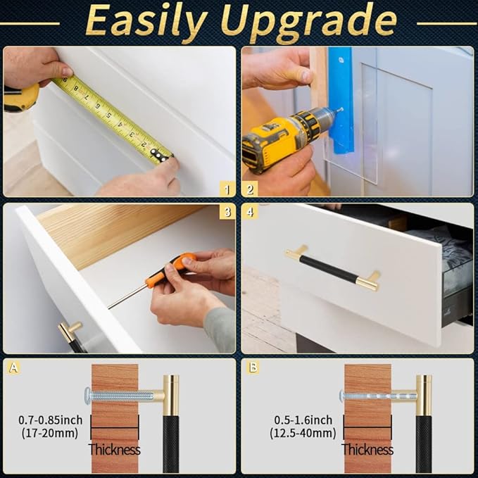 Knurled Cabinet Pulls 12 Pack, 3.5 Inch Long Cabinet Handles Metal Door Pulls, Kitchen Drawer Pull Knurled Dresser Handles - 2 1/2" Hole to Hole, Black & Gold