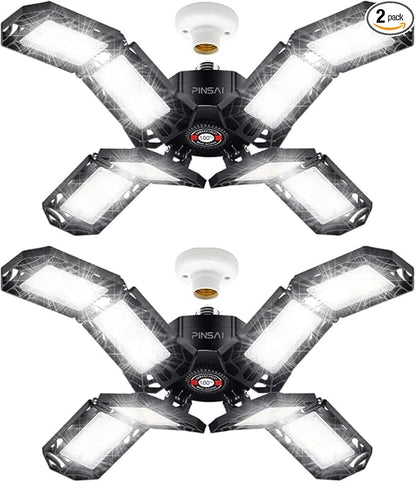 2 Pack LED Garage Light,Super Bright Screw in E26/E27 Ceiling Shop Work Lamp, 200W 20000 Lumen Deformable Basement Bulb Fixture with 8 Adjustable Panels