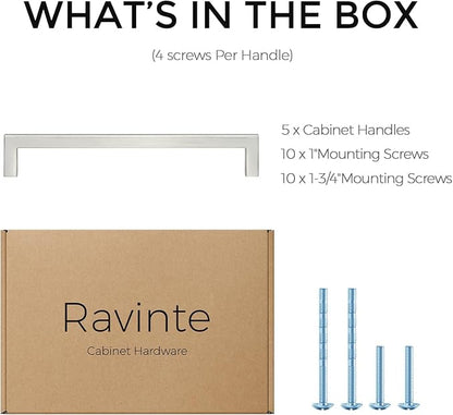 Ravinte 5 Pack Solid 6-1/4 Inch Center to Center Slim Square Bar Drawer Handles - Brushed Nickel Drawer Pulls - Kitchen Cabinet Hardware