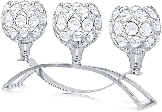 Crystal Tealight Candle Holder Centerpiece Home Decorative Candlestick Holder Elegant Table Centerpiece Home Decor Wedding Party Anniversary (Silver, 3 Arm)