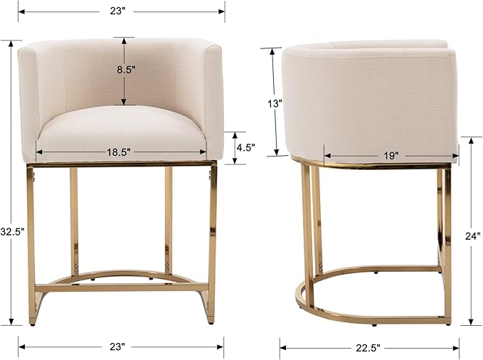 Modern Counter Height Linen Upholstered Bar Stools Set of 4, 24" Kitchen Counter Island Stools Bar Chairs with Gold Metal Frame for Kitchen Island, Cream
