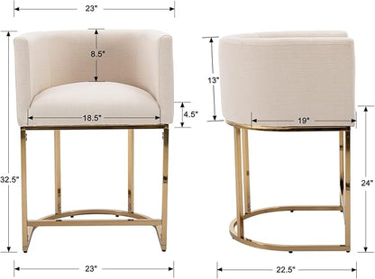 Modern Counter Height Linen Upholstered Bar Stools Set of 2, 24" Kitchen Counter Island Stools Bar Chairs with Gold Metal Frame for Kitchen Island, Cream