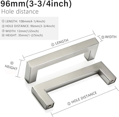 Cabinet Pulls Brushed Nickel Cabinet Handles Square Drawer Pulls, 50 Pack 3-3/4 Inch Stainless Steel Kitchen Door Cupboard Cabinet Handles, Cabinet Hardware Drawer Handles, 96mm Hole Centers